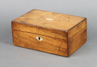 A Victorian rectangular walnut trinket box with oval marble panel and hinged lid 9cm h x 22cm w x 14cm d (lock is missing) 