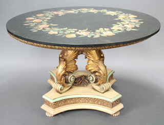 G. Cavatorta, a circular painted marble top dining table decorated roses, raised on a rococo style carved gilt and painted wood base, on scroll supports and triform base 85cm h x 130cm diam. 