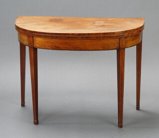 A 19th Century bleached mahogany D shaped card table with inlaid satinwood stringing, raised on square tapered supports, spade feet 70cm h x 92cm w x 44cm d 
