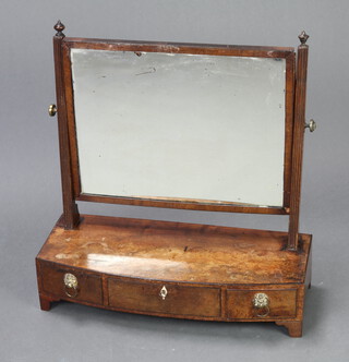 A 19th Century rectangular plate dressing table mirror contained in a mahogany swing frame, the bow front base fitted 1 long and 2 short drawers, 56cm h x 54cm w x 22cm d 
