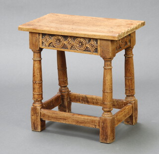 A 17th Century style bleached and carved oak joined stool 45cm h x 45cm w x 27cm d 