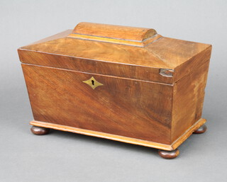 A Georgian bleached mahogany tea caddy of sarcophagus form with hinged lid, raised on bun feet 18cm h x 30cm w x 17cm d  