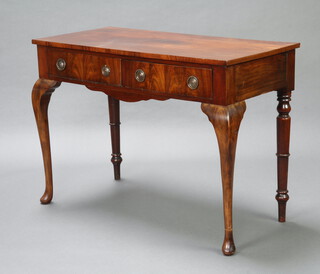 A Georgian style mahogany side table fitted 2 drawers with ring drop handles, raised on cabriole supports 76cm h x 107cm w x 51cm d 