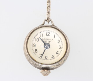 A lady's Bucherer spherical glass and silver fob watch and chain 