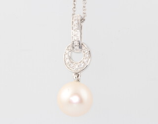 A 9ct white gold pearl and diamond pendant on 9ct white gold chain 46cm, 3.4 grams