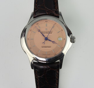 A gentleman's steel cased Dreyfuss & Co automatic calendar wristwatch contained in a steel case with visible back movement on a leather strap with original box 