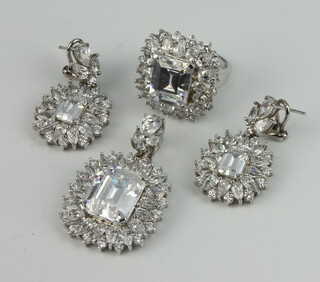A suite of silver and paste earrings, pendant and ring, gross weight 38 grams 