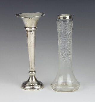 An Edwardian silver tapered posy vase Birmingham 1909, 21cm, together with a silver mounted vase 