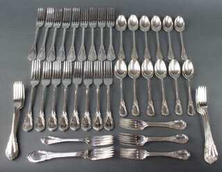 Seventeen silver plated lily pattern dinner forks, 12 others, 12 dessert forks and 12 dessert spoons