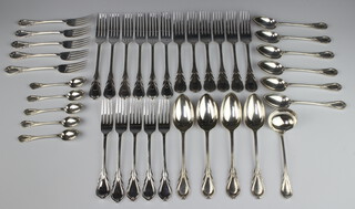 Five silver plated lily pattern dinner forks, 6 dessert spoons, 4 tablespoons, 5 teaspoons, 1 ladle, 12 dinner forks and 5 dessert forks 