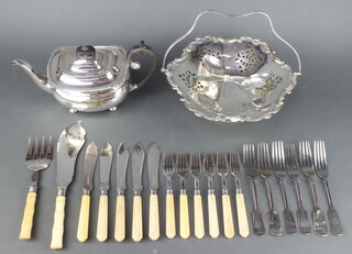 A silver plated swing handled basket and minor plated wares 