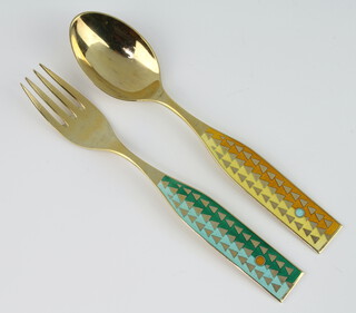A Michelsen, a silver gilt enamelled fork and spoon, dated 1960, 94 grams  