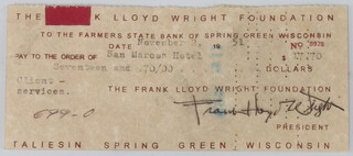 Frank Lloyd Wright, a signed cheque from the Frank Lloyd Wright Foundation, signed in ink to the Farmers State Bank of Spring Green Wisconsin, November 2nd '51, payable to San Marcos Hotel "17 and 07/00" to the sum of 17.70 dollars  