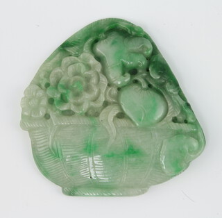 A Chinese carved apple green jadeite pendant in the form of a woven basket of fruit and flowers 6cm 