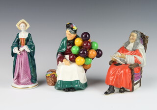 Two Royal Doulton figures - The Judge HN2443 15cm, The Old Balloon Seller HN1315 18cm and a Sitzendorf porcelain figure Jane Seymour 19cm  

