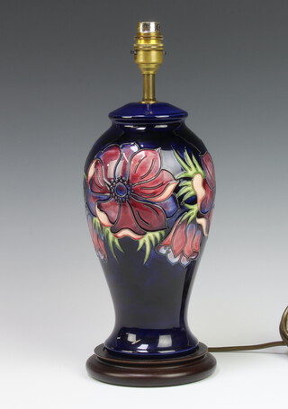 Moorcroft, a modern table lamp decorated anemone pattern with blue ground 29cm 