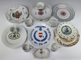 A quantity of World War One German pottery including a Hindenberg ribbon plate 20cm, a ditto shallow bowl and 1 other, 4 plates, 6 cups and a stuck dish together with a Bruce Bairnsfather plate "Old Bill" 
