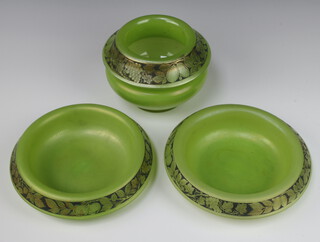 A stylish Art Deco green glass bowl with overhung lip decorated with a band of fruits 17cm, 2 ditto shallow bowls 22cm  