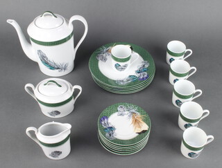 A Limoges Patrick Frey Ferriers pattern coffee set comprising coffee jug, 6 coffee cups and saucers, milk mug, cream jug and 5 plates  