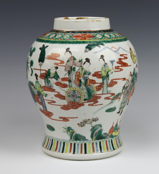 A late 19th Century Chinese famille verte oviform baluster vase decorated with a procession of figures with a lady and child being pushed in a wheeled chair, surrounded by courtiers, with 4 character mark to base 24cm drilled, lacking it's lid) 