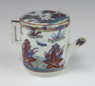 A 19th Century Japanese cylindrical teapot with angular handle decorated with butterflies and flowers 11cm 