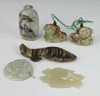 A modern jadeite carving of a shi shi 4cm, 1 other, together with 3 hardstone pendants and an interior painted scent bottle 