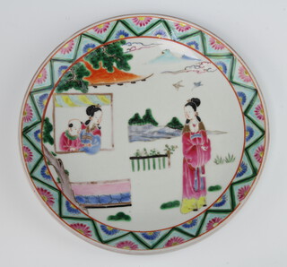 A Japanese shallow dish decorated with a lady before a pavillion and attendants 25cm 