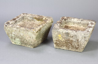 A pair of square stone well weathered garden planters 28cm h x 46cm w x 48cm d 