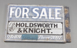 A 1920's wooden double sided For Sale sign for Holdsworth & Knight, marked Legg Writer 54cm h x 90cm w x 4cm d 
