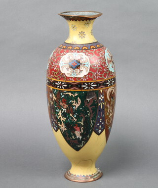A 19th Century cloisonne enamelled club shaped vase with panelled decoration 36cm h x 9cm 