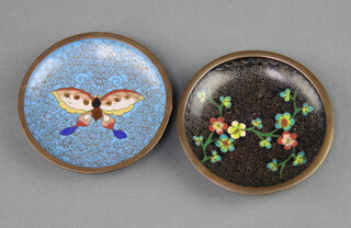A Chinese black ground and floral patterned cloisonne enamelled dish 9cm, ditto blue decorated a butterfly 9cm 