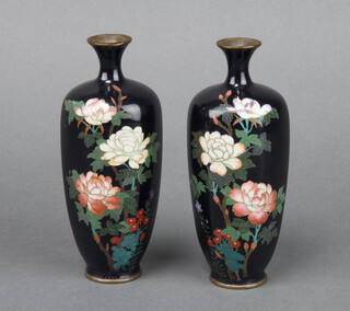 A handsome pair of hexagonal black ground and floral patterned cloisonne vases 14cm h x 3cm diam. 