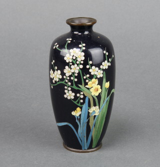 A black ground cloisonne enamel vase with floral decoration, the base with leaf signature mark 12cm x 3.5cm 
