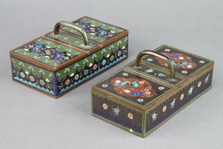 A rectangular cloisonne enamel black ground and floral patterned twin section cigarette box with hinged lid decorated butterflies 4cm h x 16cm w x 8cm d together with 1 other (hinges f)  