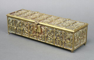 Adolph Frankan & Company, a rectangular medieval style brass casket decorated scenes of figures, the base with hexagonal AFC mark  7cm x 29cm x 9cm  