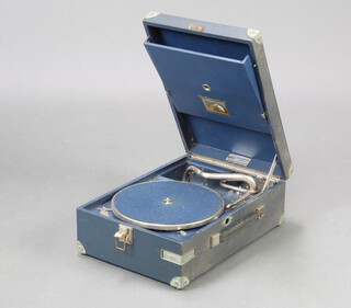 A His Master's Voice portable gramophone in a blue fibre case marked under the turntable LBIOIJ 866711 complete with handle and chrome mounts 