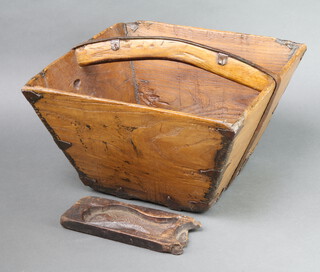 A square Eastern hardwood and metal mounted basket (split to bottom) 21cm h x 38cm w x 38cm d together with a wooden gingerbread mould in the form of a fish 