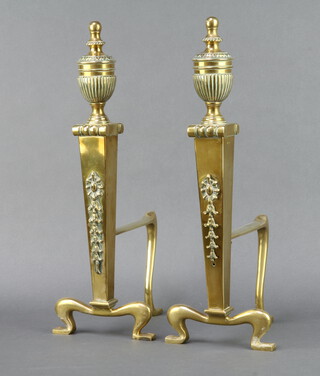 A pair of Adams style polished brass fire dogs with lidded urn decoration and swags to the front 42cm h x 15cm w x 18cm d 