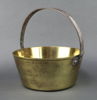 A polished brass preserving pan with polished steel handle 14cm x 32cm 