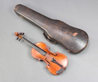 Leandro Bisiach Fecit In Milano 1893, a violin with 14" 2 piece back together with a bow and carrying case  