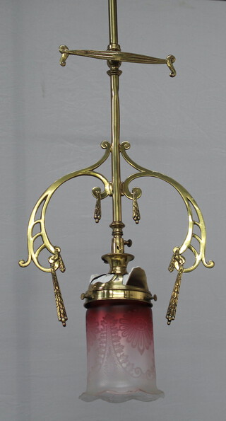 An Edwardian brass hanging gas light fitting with etched glass shade marked Nico no.21, converted to electricity 69cm h x 28cm 