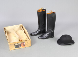 Harry Hall, a black hunting bowler hat "The Triple Crown" together with a pair of black leather riding boots size 9 1/2