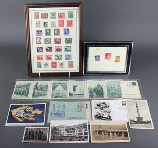 31 various German stamps framed, 3 other framed German stamps, 13 postcards etc 