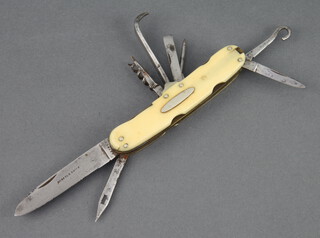 Asprey, Norfolk knife -  a multi bladed folding pocket knife with 3 blades, button hook, cork screw, bodkin and stone remover with bone grip, the blade marked Norfolk Knife and Asprey  
