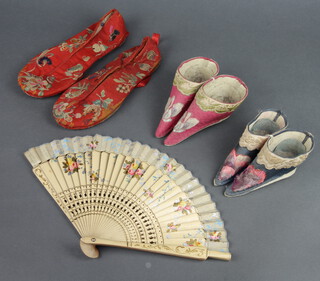 Three pairs of Chinese silk embroidered slippers and a fan 