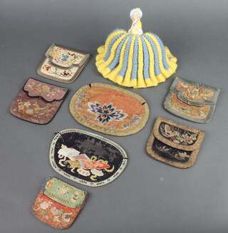 Seven Chinese embroidered purses and a knitted tea caddy 