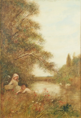 Fred Hines, 1904, watercolour, indistinctly signed, study of children beside a stream picking flowers 55cm x 38cm 