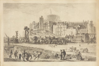18th Century etching, unsigned, Continental townscape with distant castle 18cm x 26cm 