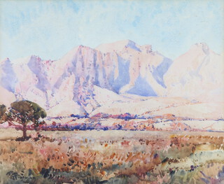 20th Century watercolour, indistinctly signed, South African mountainous landscape 46cm x 56cm 