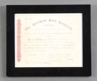 Of Horsham interest, a 19th Century share certificate for The Horsham Club Company dated 1886 18cm x 24cm 